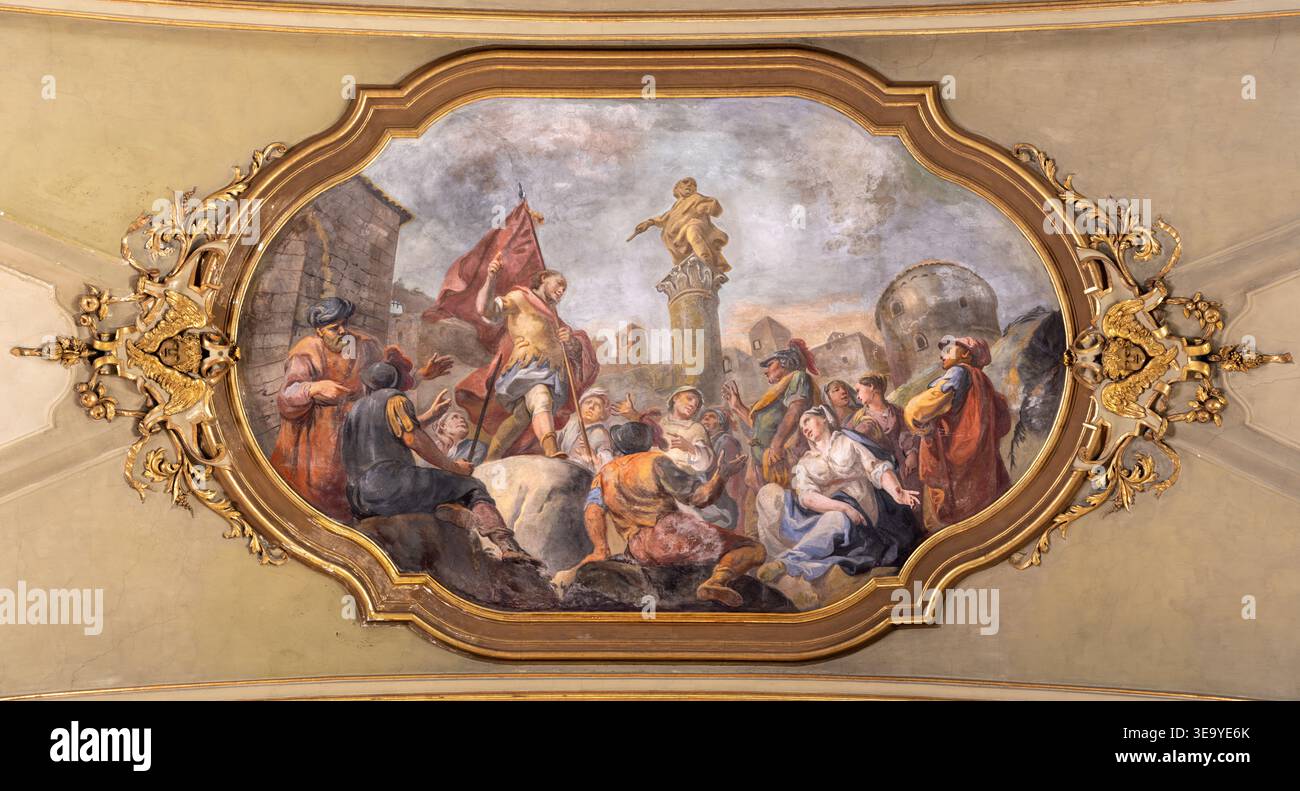 BERGAMO, ITALY - MARCH 18, 2026: The ceiling fresco of Sermon of St. Alexander of Bergamo in the church Chiesa di Sant Andrea della Colonna Stock Photo