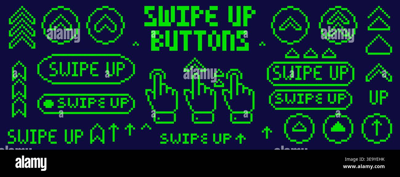 Pixel art swipe up green buttons and elements. Stock Vector
