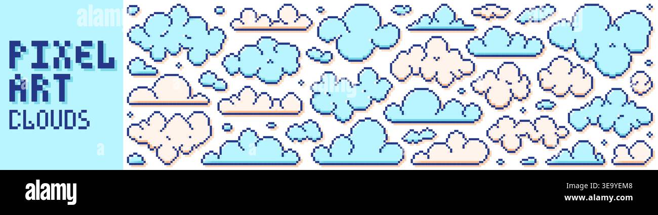 Collection with pixel art white and blue sky clouds. Stock Vector