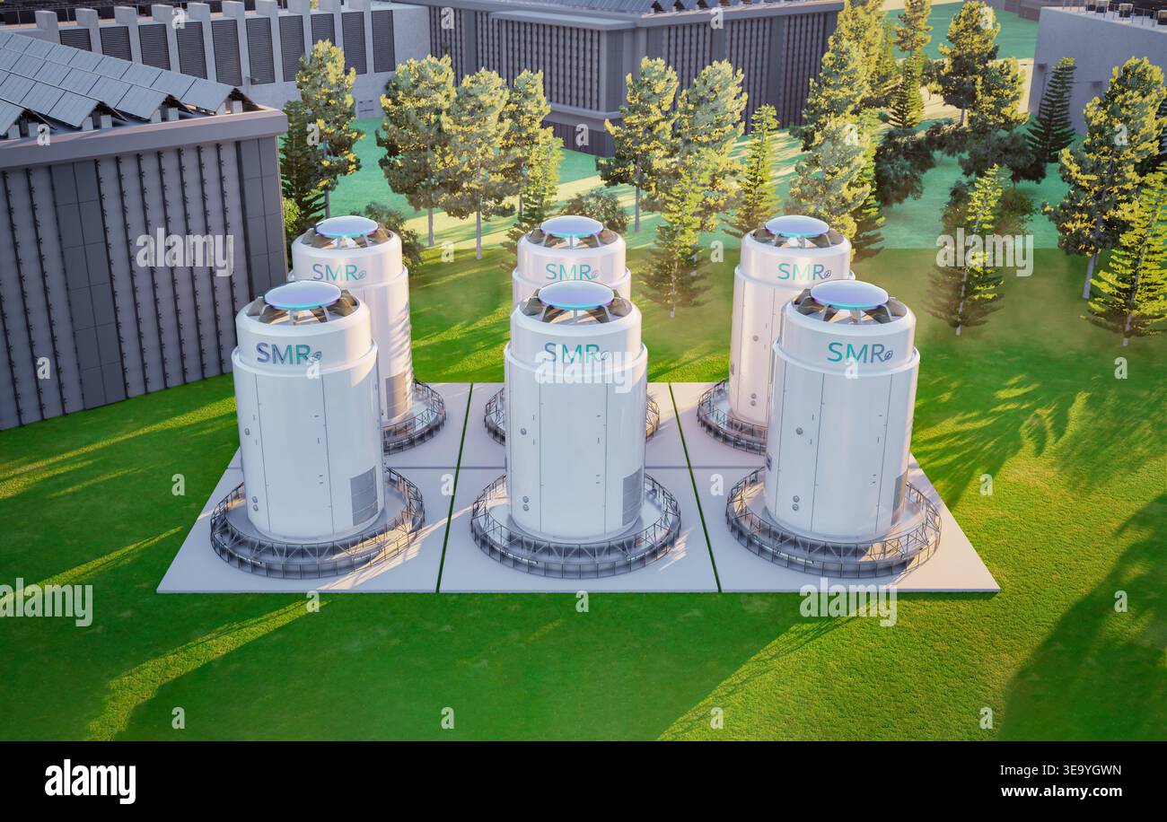 3d rendering group of smr or small modular nuclear reactors power plant ...