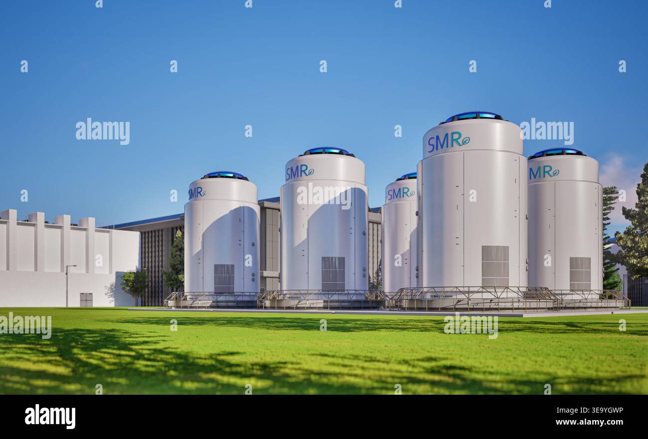 3d rendering group of smr or small modular nuclear reactors power plant ...