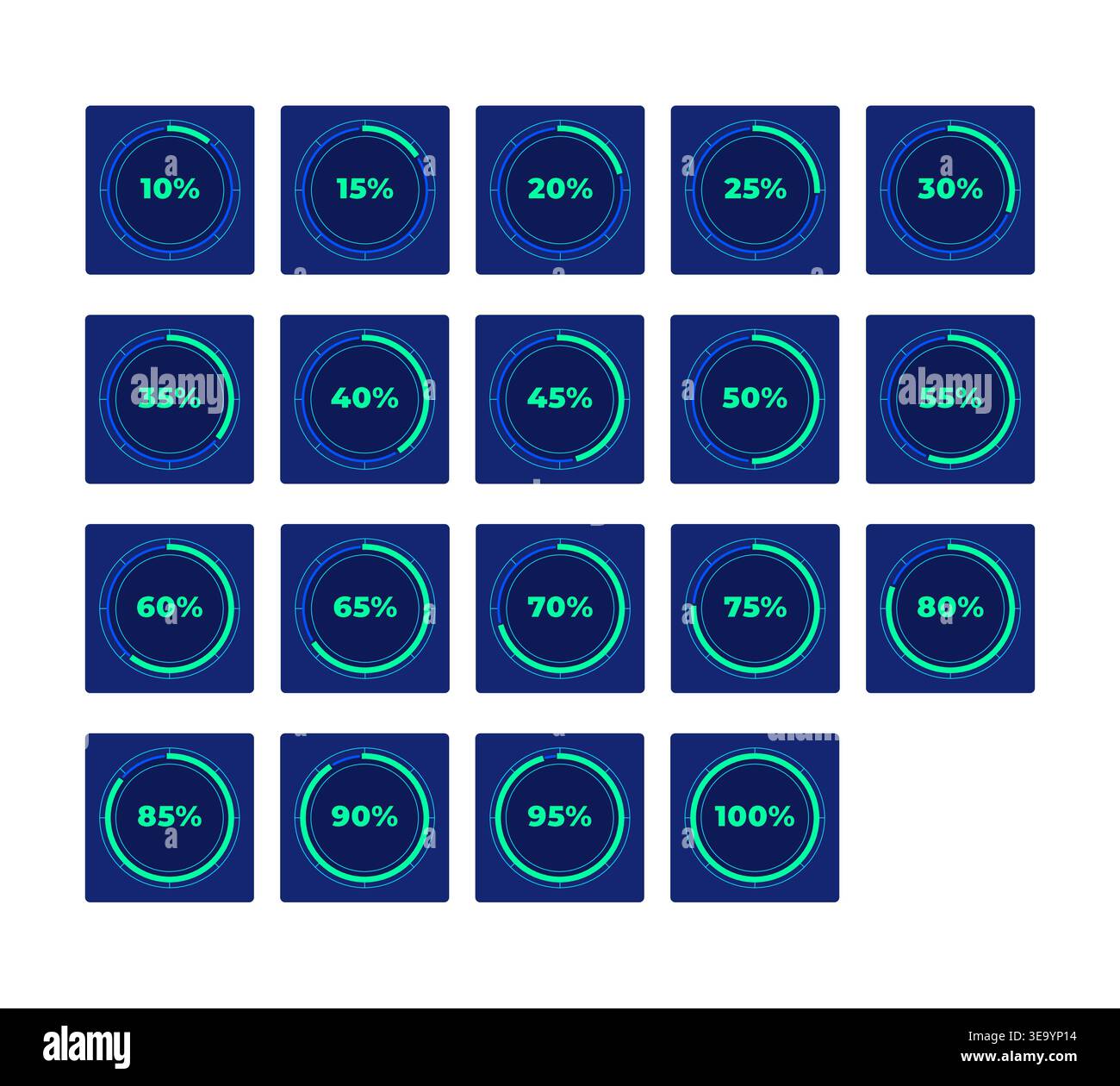 Circular progress with percentage increments neon dashboard UI element set Stock Vector