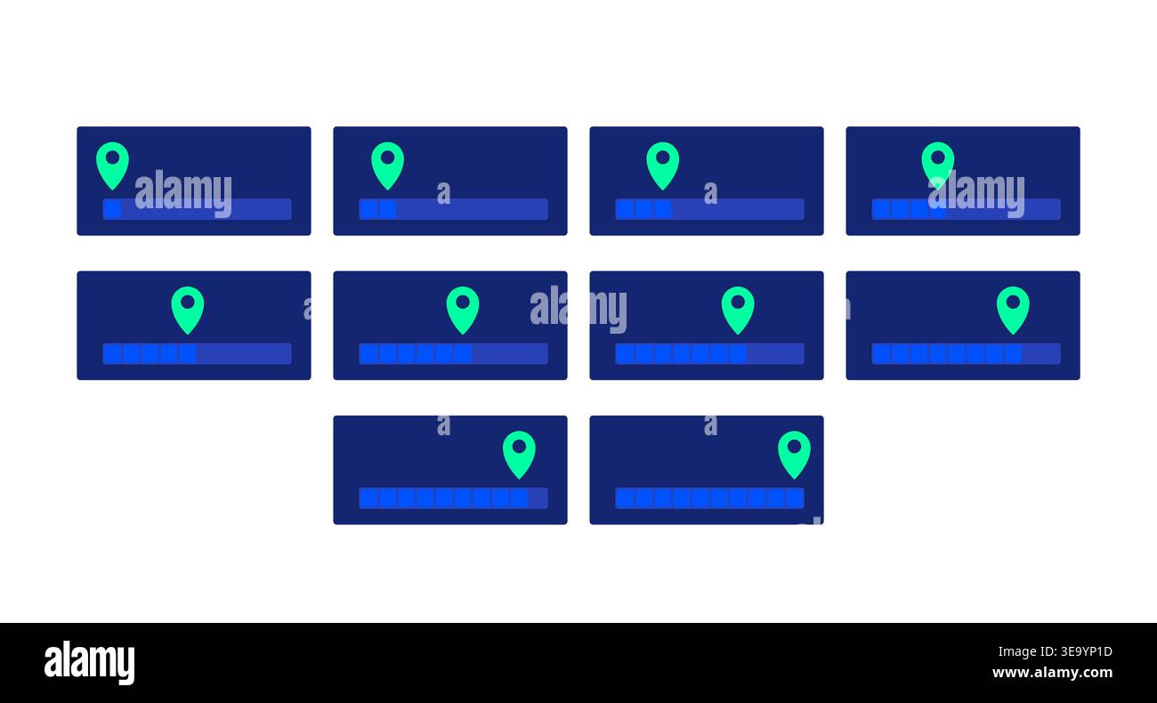 Progress bars with location pin neon dashboard UI element set Stock Vector