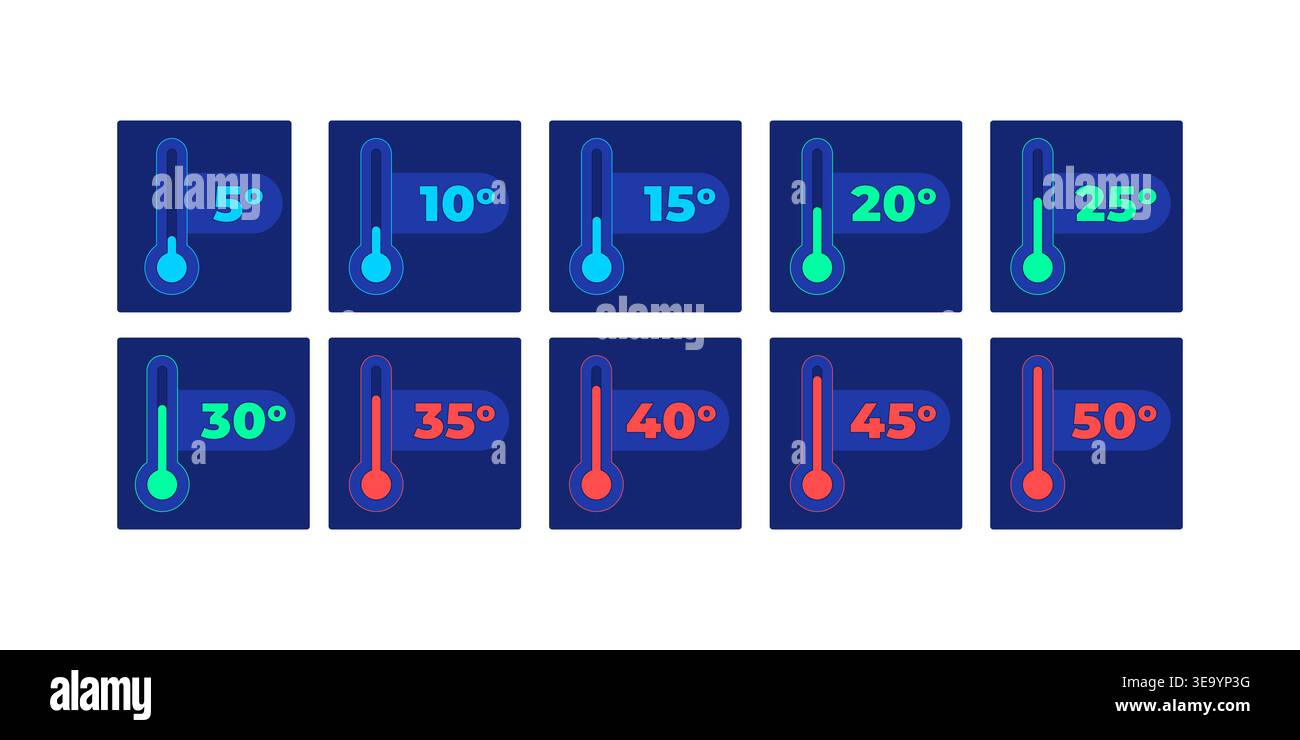Thermometer temperature from 5 to 50 degrees neon dashboard UI element set Stock Vector