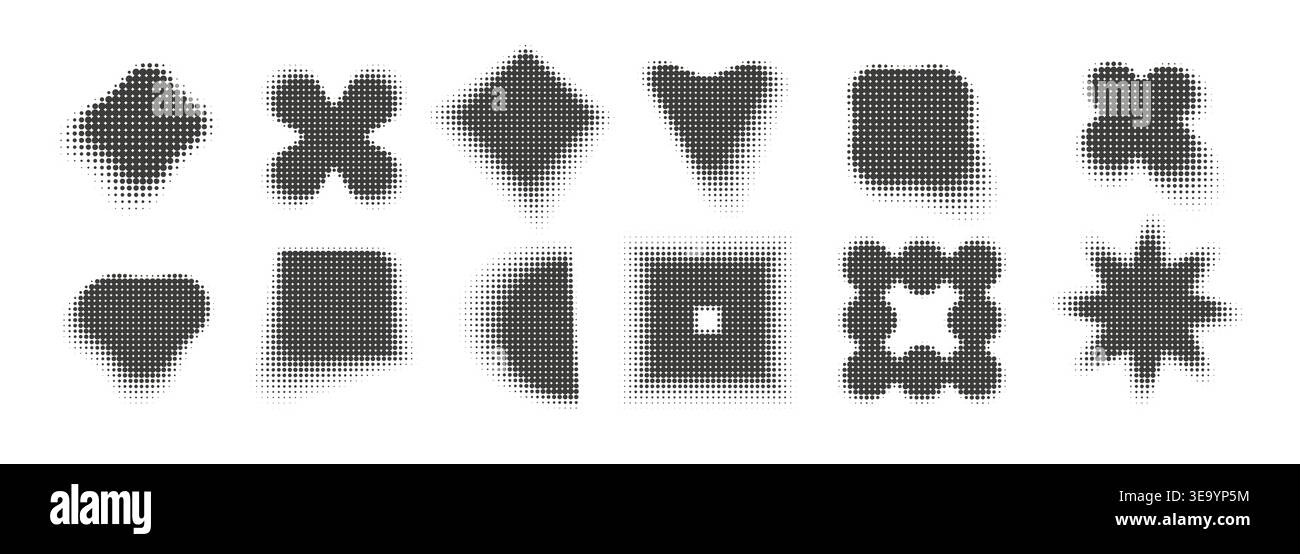 Abstract dotwork trendy shapes collection. Halftone pixel dotted style retro brutalist elements set. Stock Vector