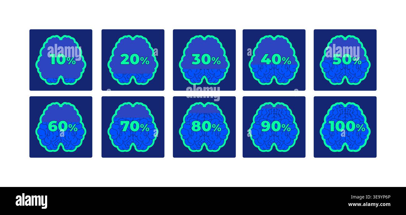 Brain progress increasing percentage neon dashboard UI element set Stock Vector