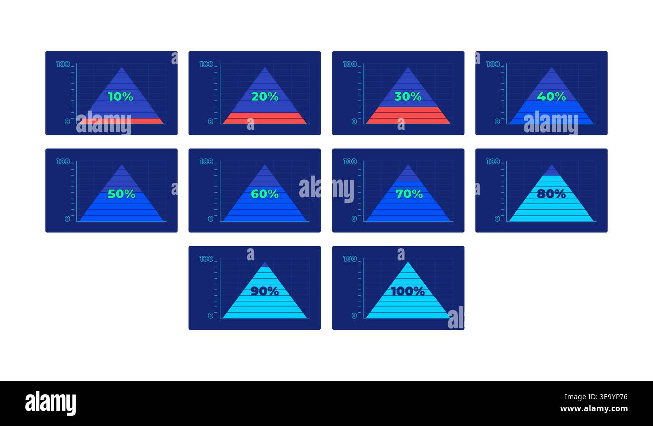 Triangle area charts progress neon dashboard UI element set Stock Vector