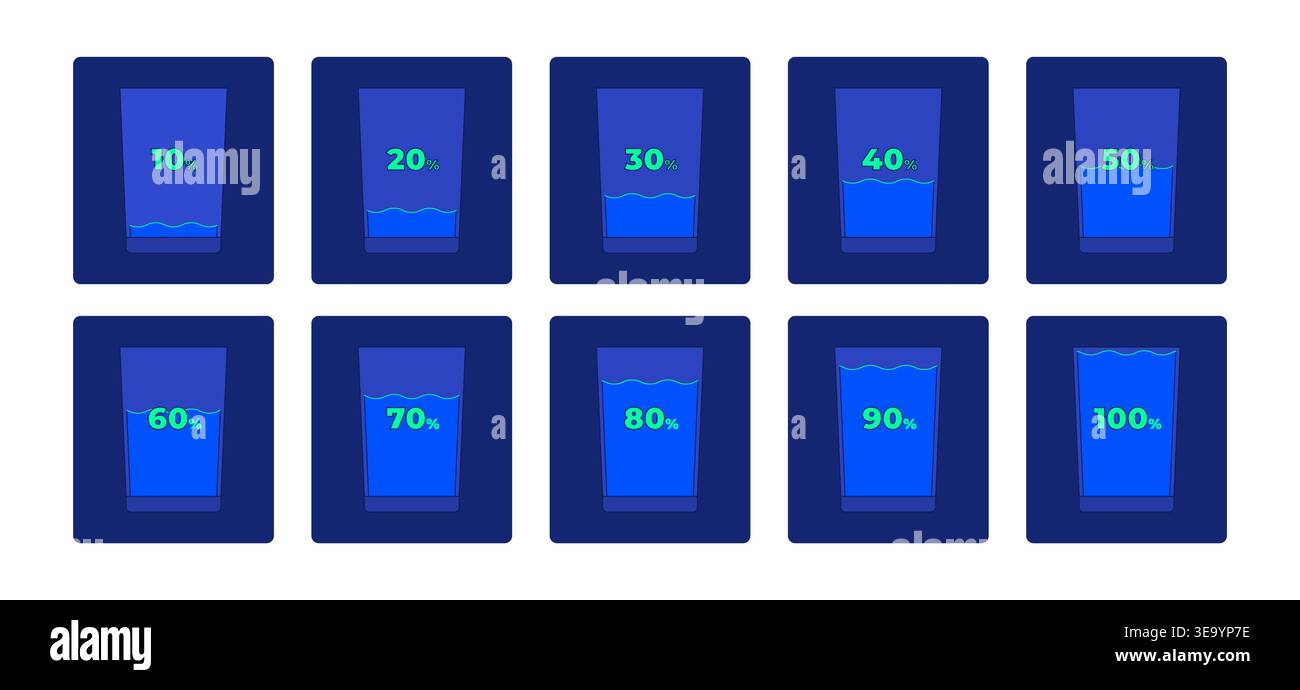 Water fill percent progress glass neon dashboard UI element set Stock Vector