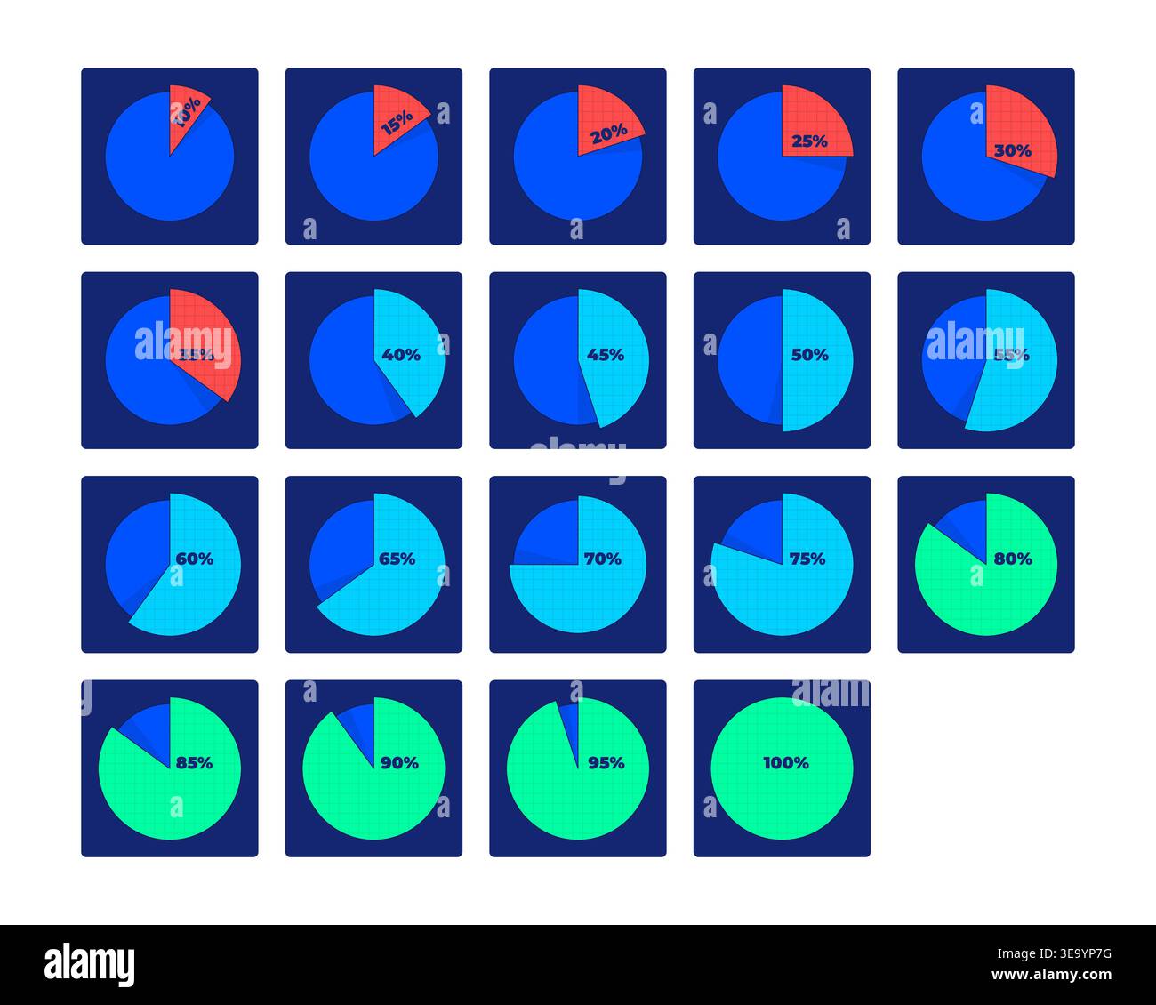Segmented piechart percentage progress neon dashboard UI element set Stock Vector