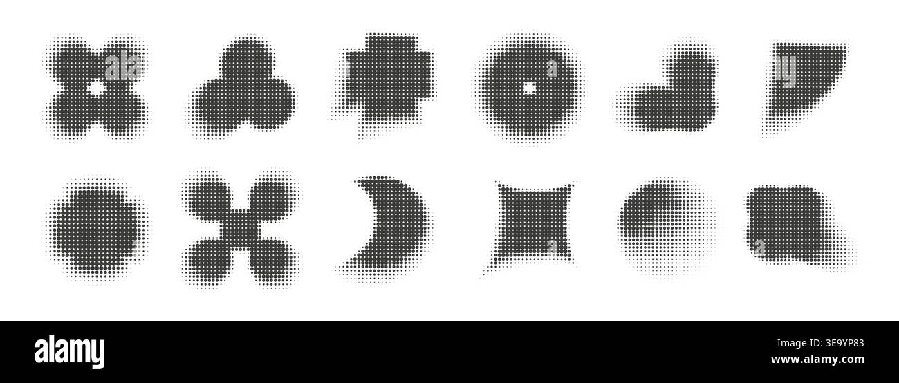 Abstract dotwork trendy shapes collection. Halftone pixel dotted style retro brutalist elements set. Stock Vector