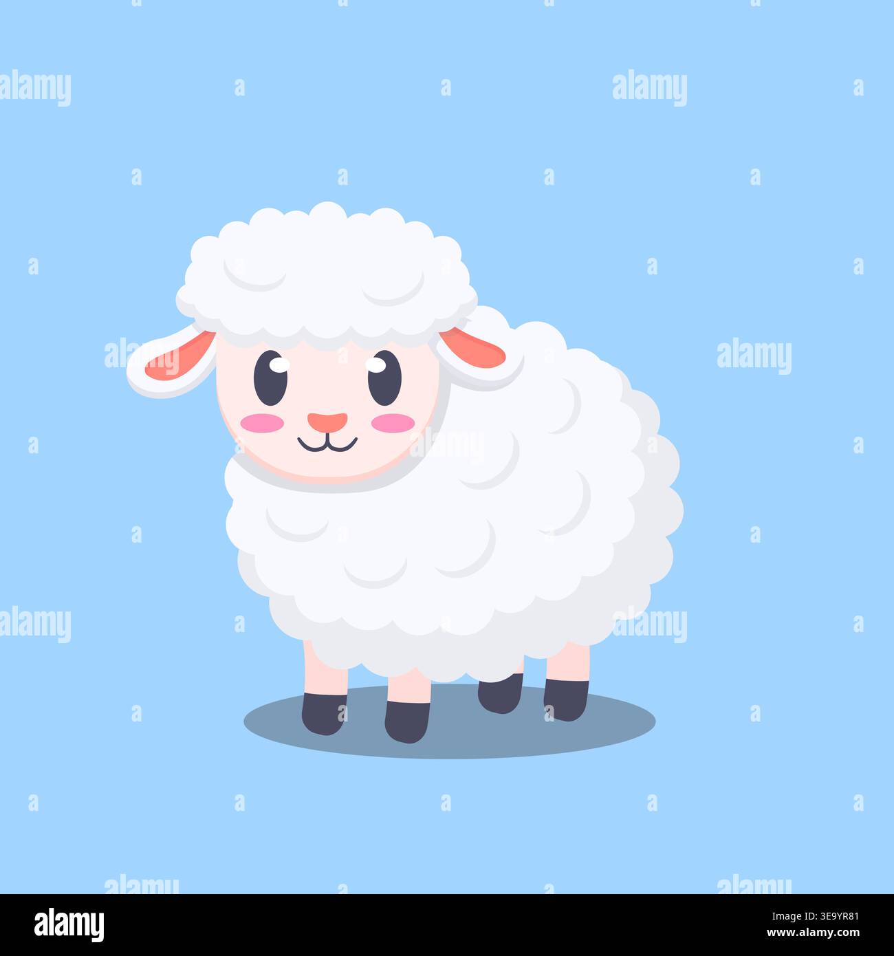 Cute Cartoon Sheep Flat Vector Illustration on Blue Background Stock Vector
