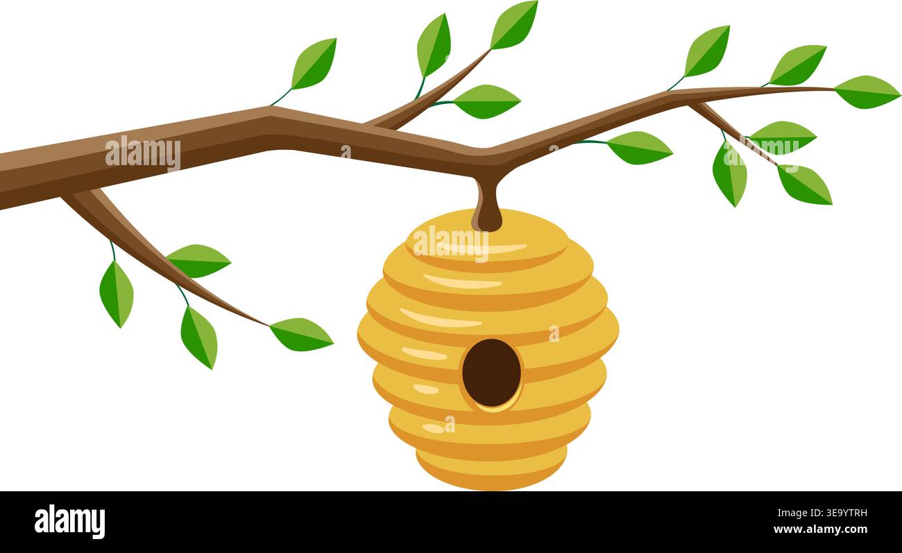 Cartoon beehive hanging on branch Stock Vector