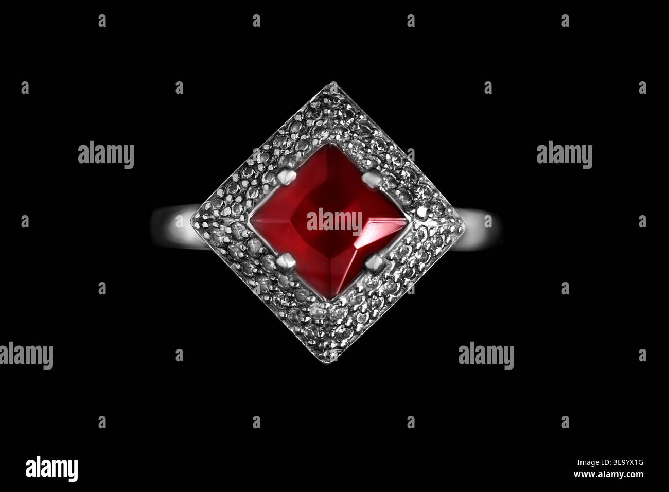 Elegant ruby ring closeup isolated on black background Stock Photo
