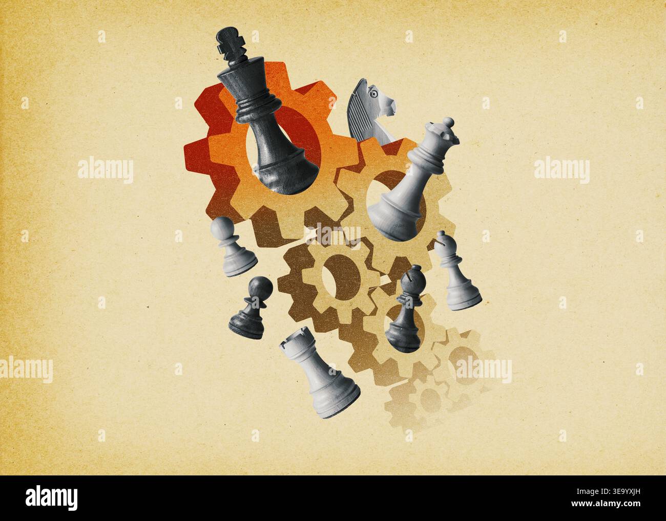 Vintage collage of chess pieces floating over a stylized checkered ...