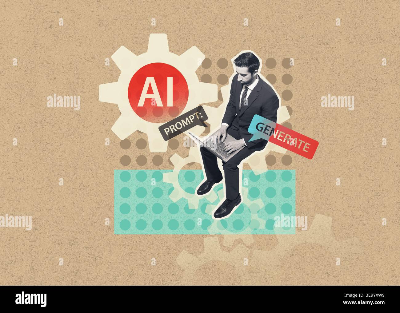Businessman working on laptop over AI gears in retro collage composite style, representing artificial intelligence, automation, prompt engineering and Stock Photo
