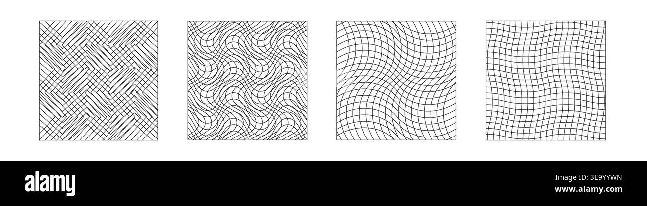 Checkered grid set. Distorted line meshes. Abstract deformed warp Stock Vector