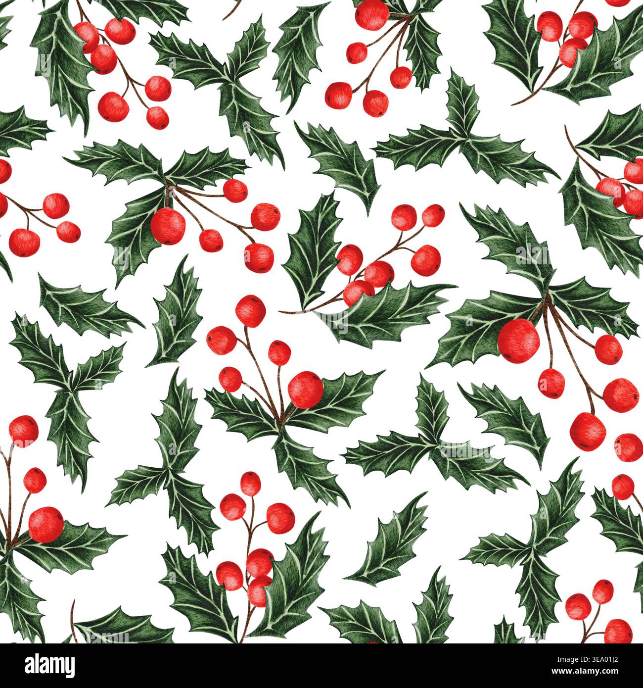 A seamless holiday pattern featuring green holly leaves and red berries ...