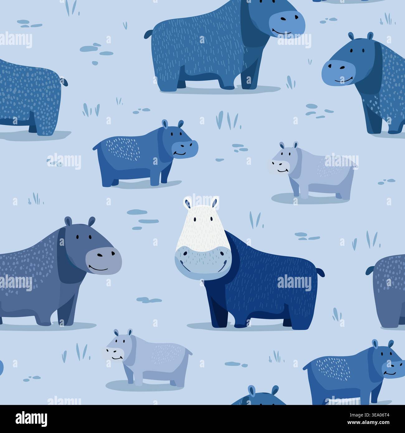Vector blue color seamless pattern with cute hippos on blue field background Stock Vector