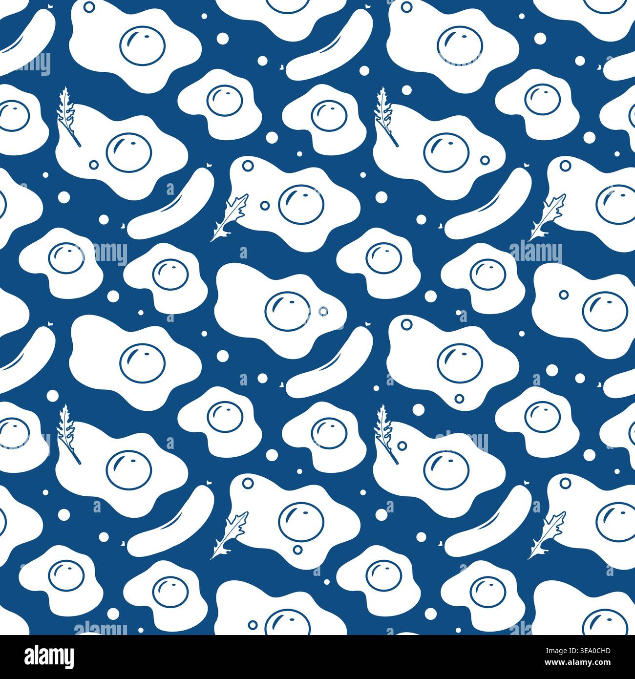 Seamless pattern with fried eggs, sausages, and herbs on a dark blue background vector Stock Vector