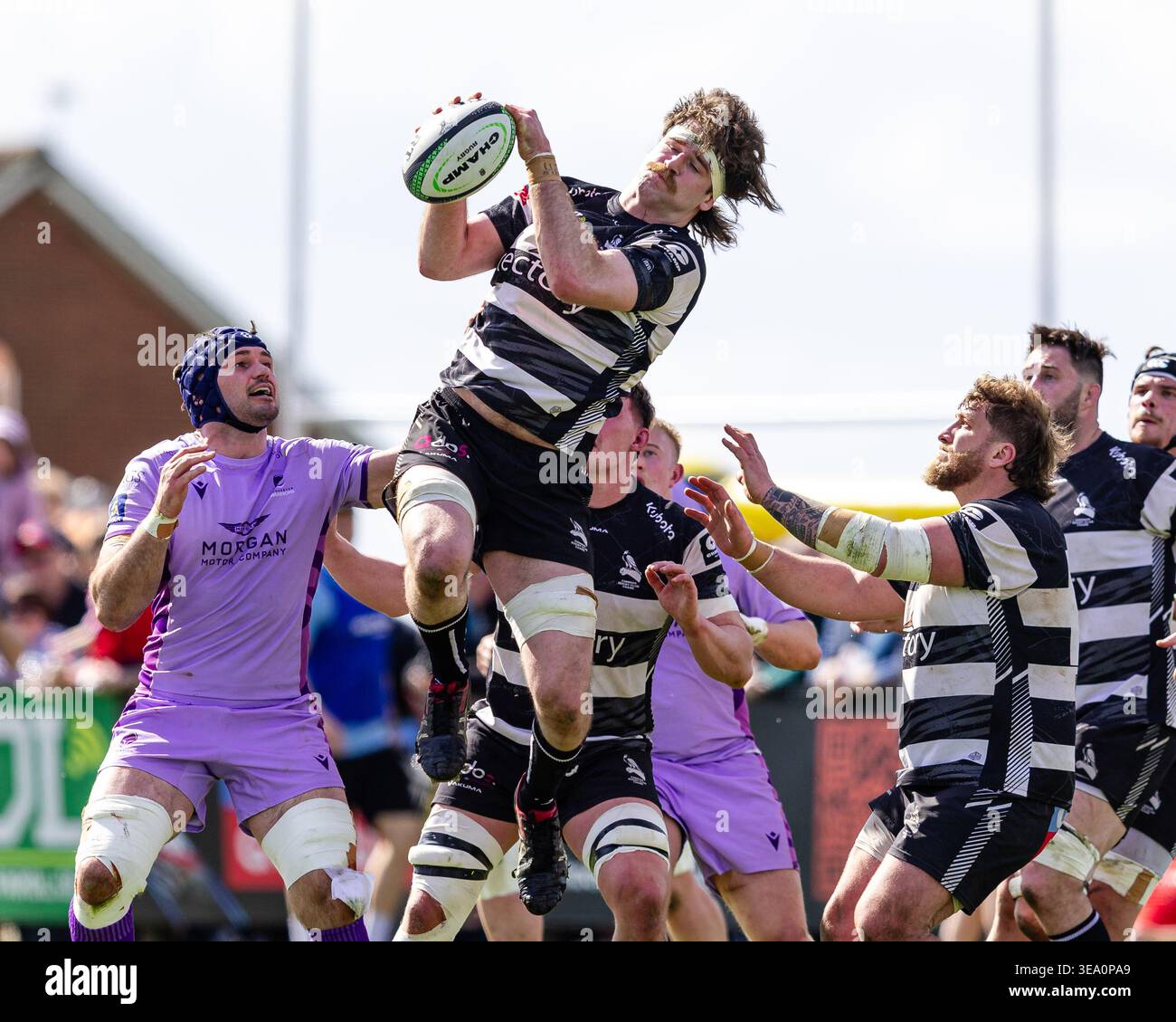 Thame, England, 18 April 2026 Jamie Campbell of Chinnor RFC catches an ...