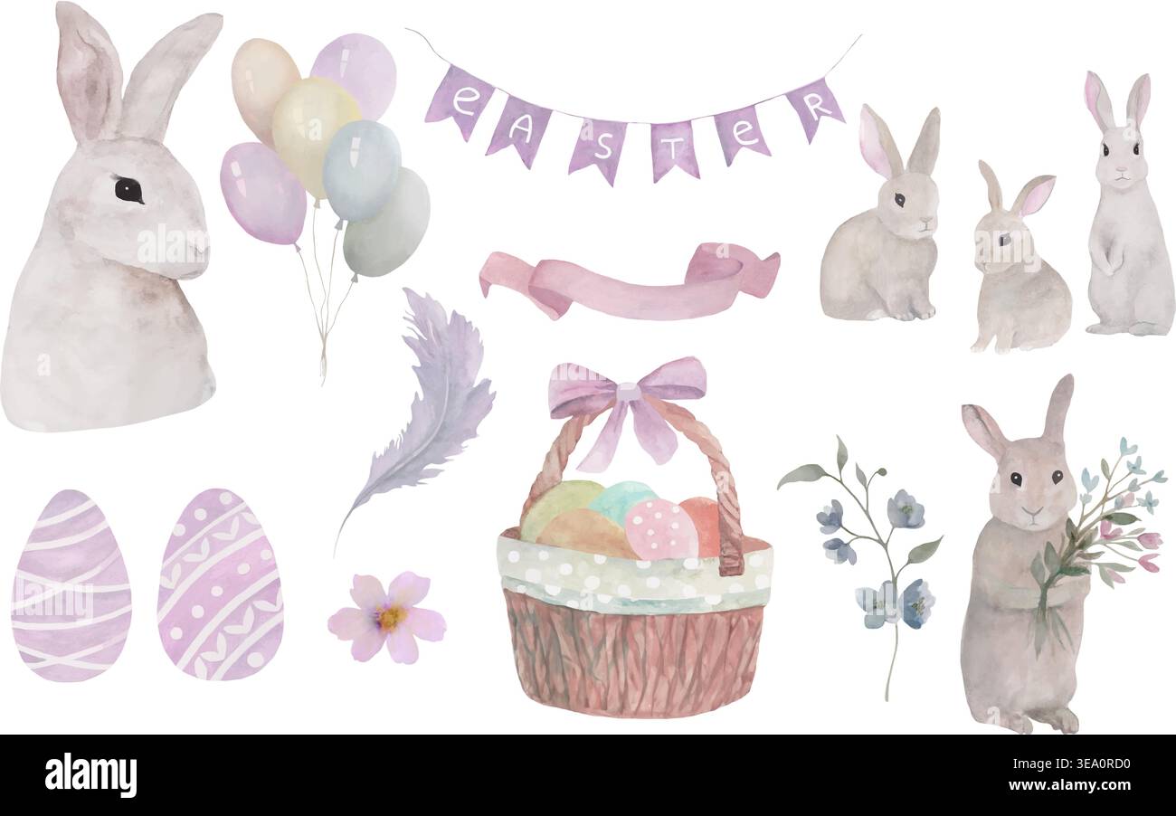 Watercolor Easter set with cute bunnies, basket of eggs, balloons and festive bunting. Hand-painted holiday elements isolated on white background. Stock Vector