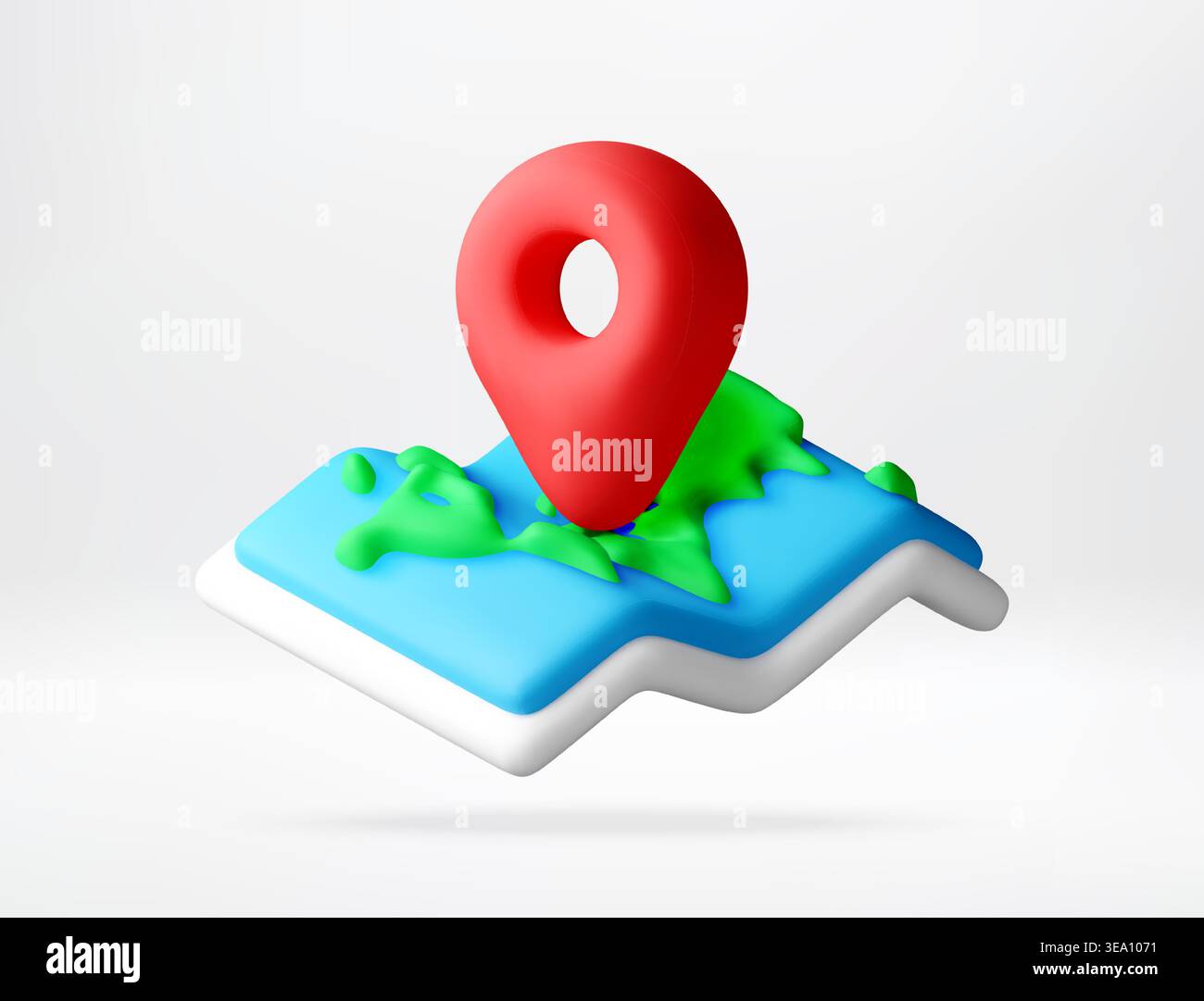 Red map pin on stylized 3d world map. Stock Vector