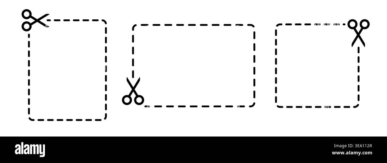 Dashed cutout outlines with scissors icons black white minimal Stock Vector