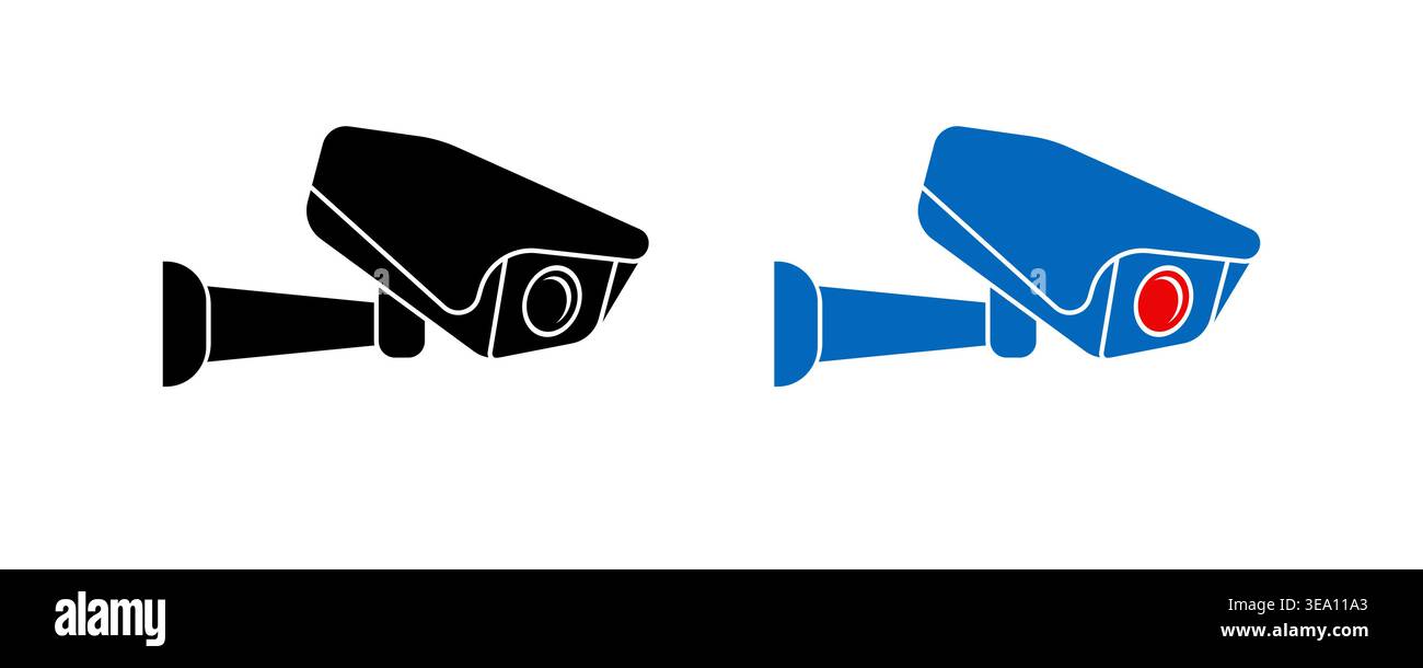 Security camera icon set flat vector black and blue red lens Stock Vector