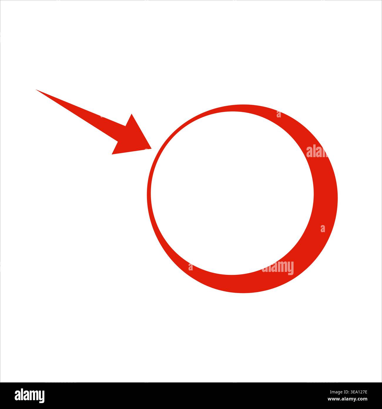 Red arrow pointing at red circular crescent, flat minimal style Stock Vector