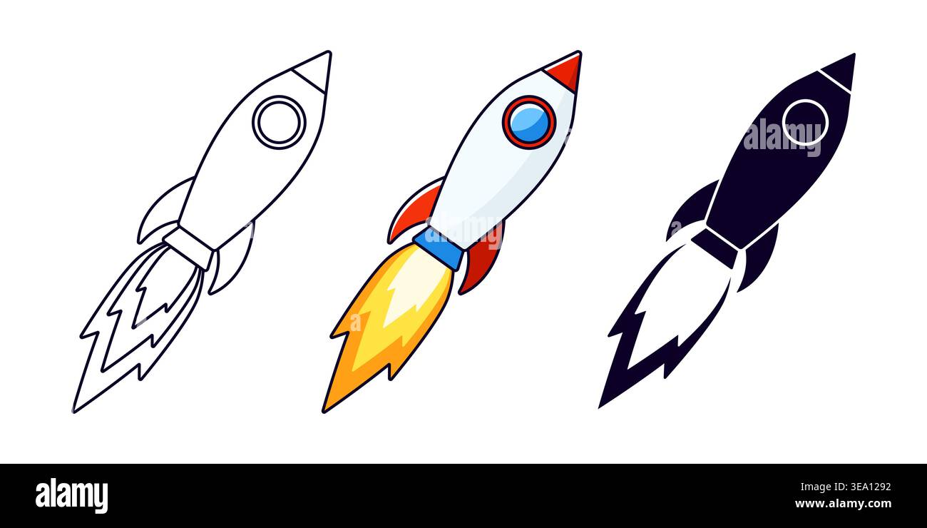 Rocket icon set flat vector outline colored red blue orange Stock Vector
