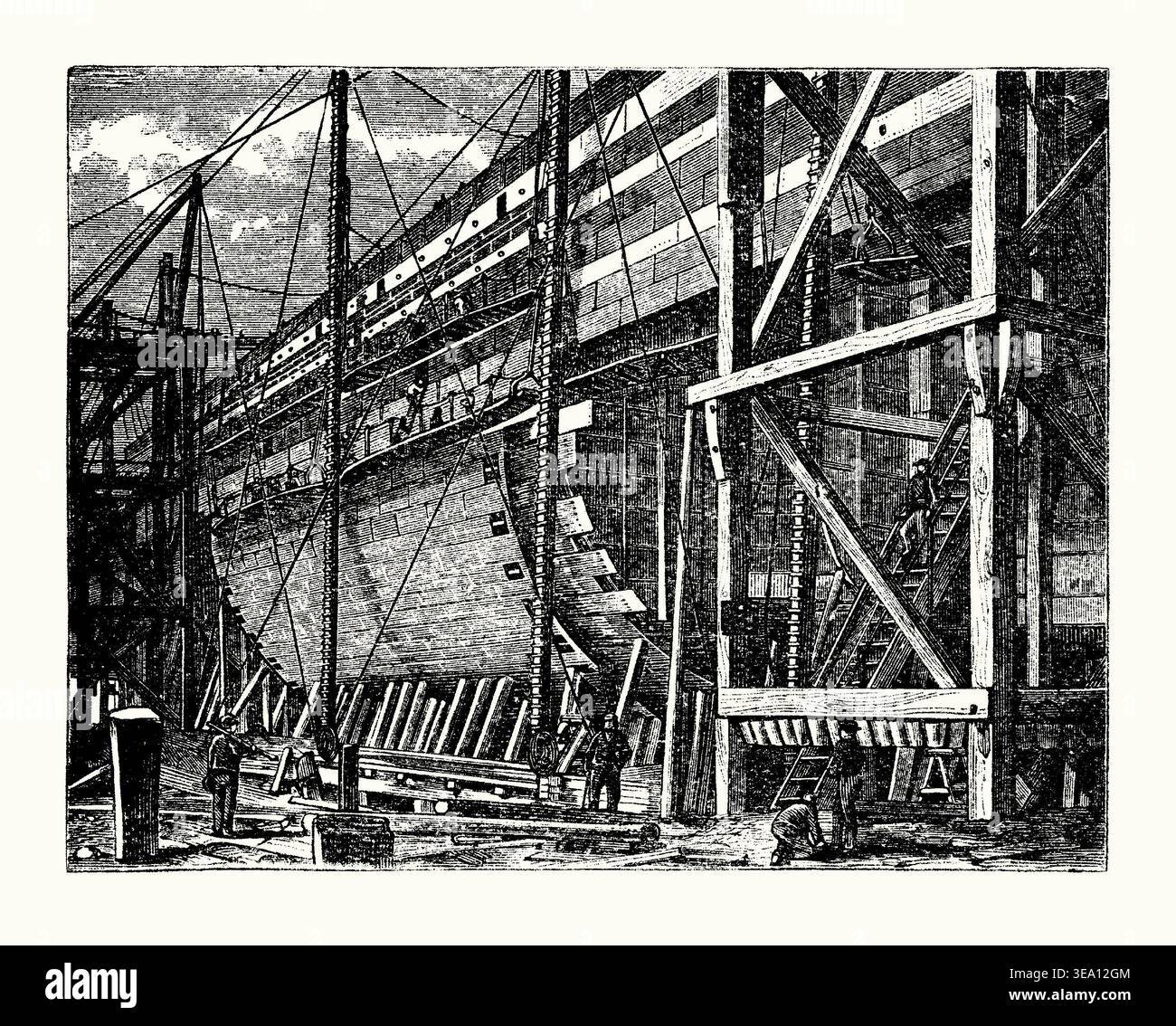 An old engraving of construction work on the SS Great Eastern in the ...