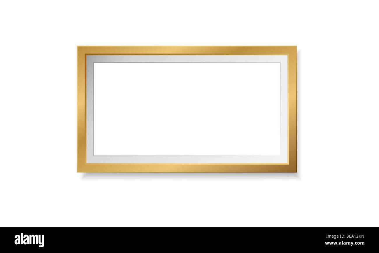 Horizontal gold picture frame with inner white mat, flat style Stock Vector