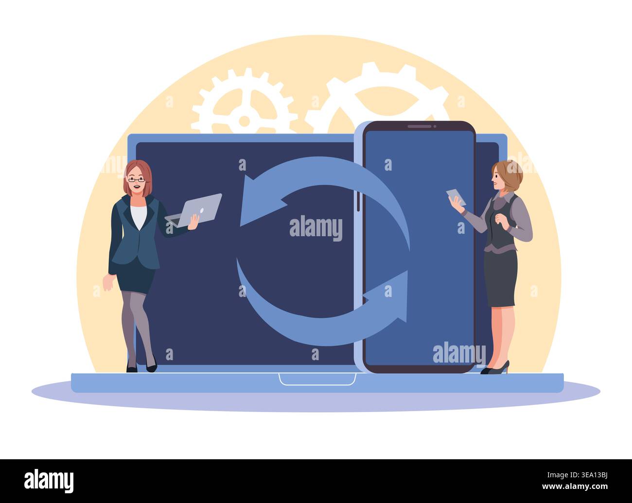 Process of syncing smartphone with laptop. Users exchange digital data, wireless connection, exchange data between devices, synchronization cross Stock Vector
