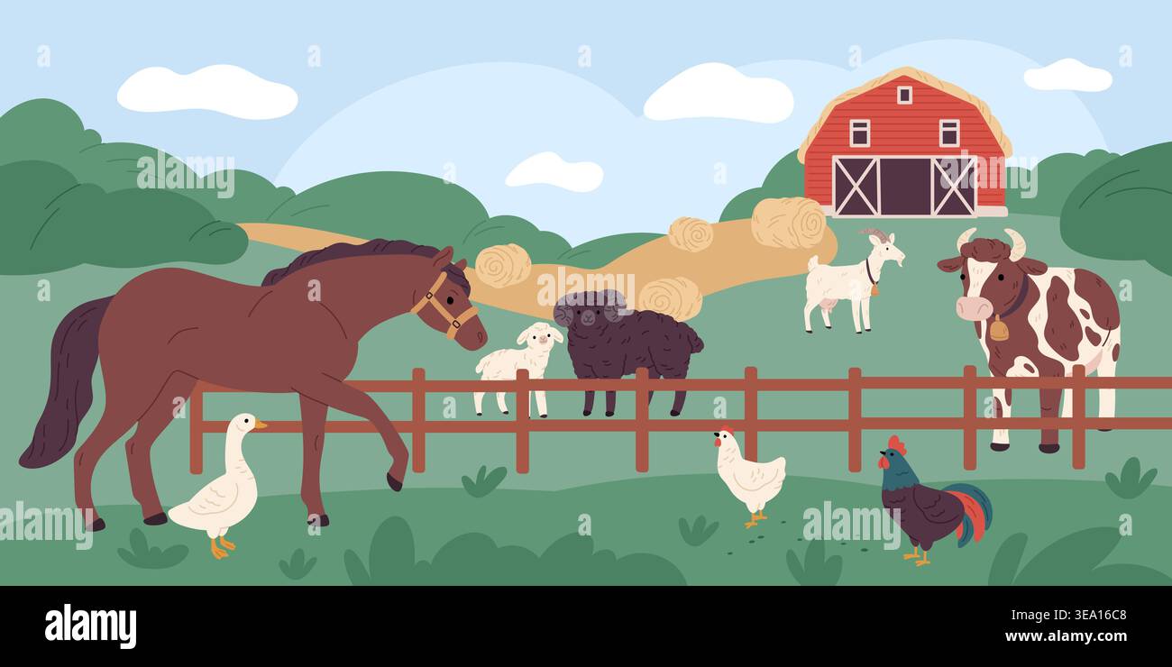 Farm animals composition. Cattle and poultry in yard, rural life, domestic animals on meadow, horse, sheep, cow and chickens, rural scene with barn Stock Vector
