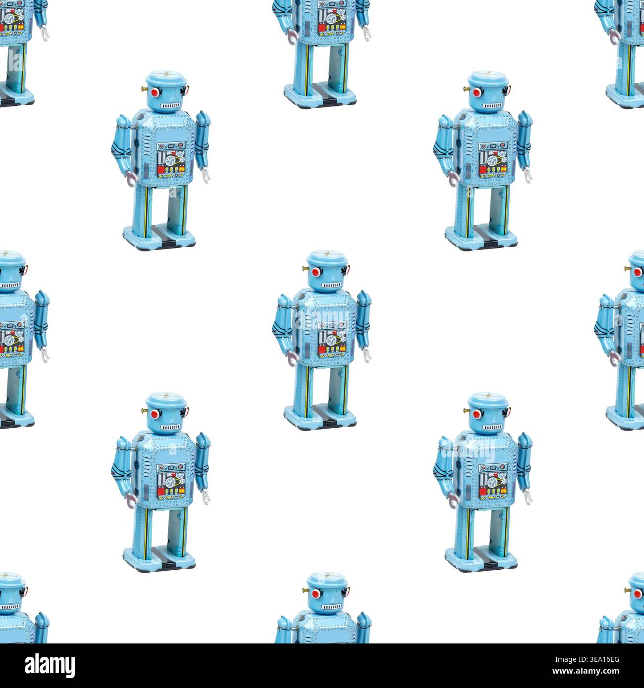 Retro blue tin robots arranged seamless pattern background Stock Photo