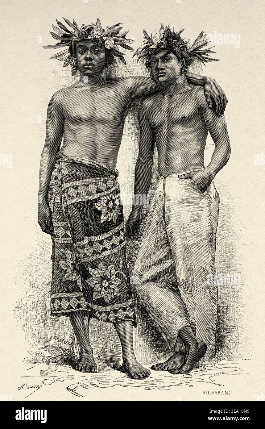 Two young Tahitians, Tahiti Island, French Polynesia. Drawing by Andre ...