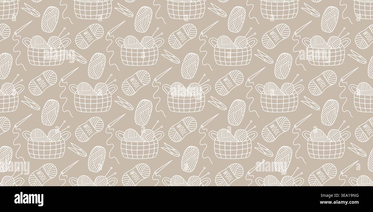 Handicraft seamless pattern. White silhouette of balls of thread, yarn, needle, and scissors on a beige background. Knitting print for packaging Stock Vector