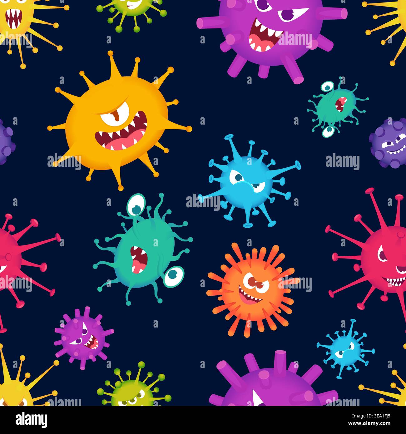 Viruses. seamless pattern design with bacteria and viruses with emotional faces Stock Vector