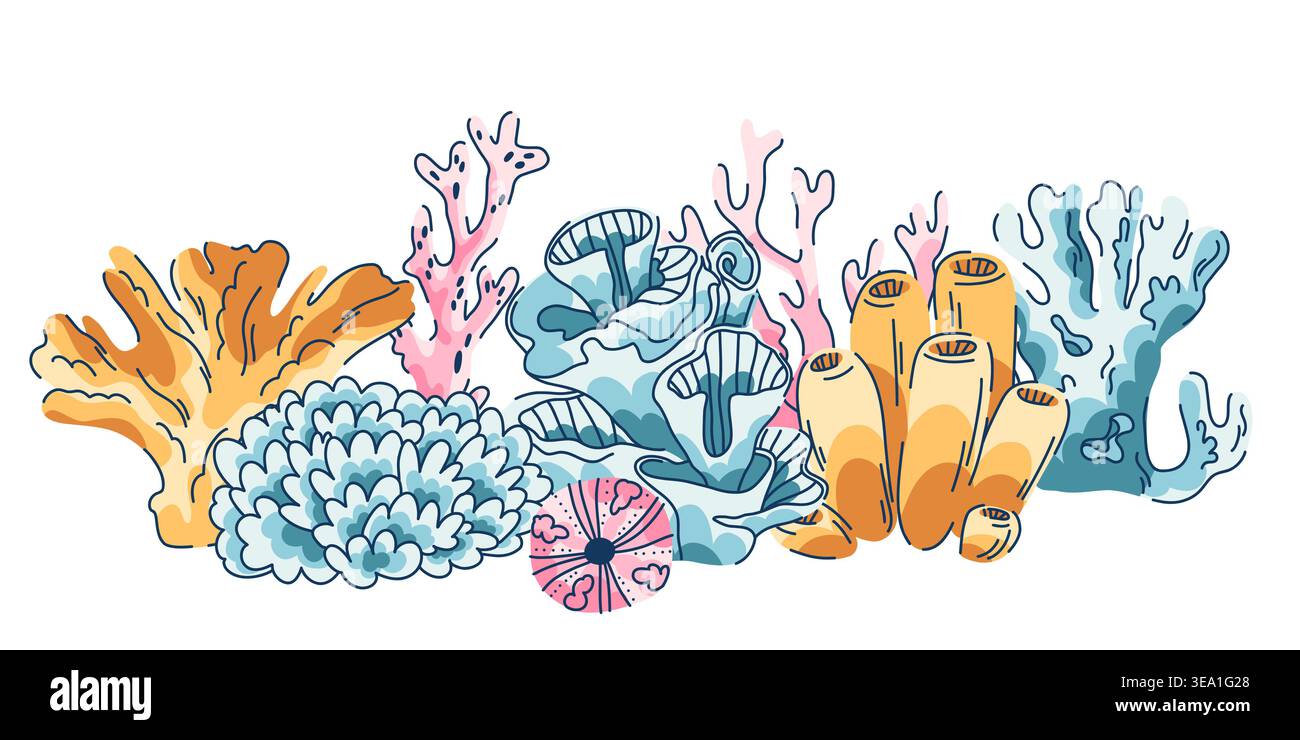 Linear composition of coral reef on seabed in doodle style isolated on ...