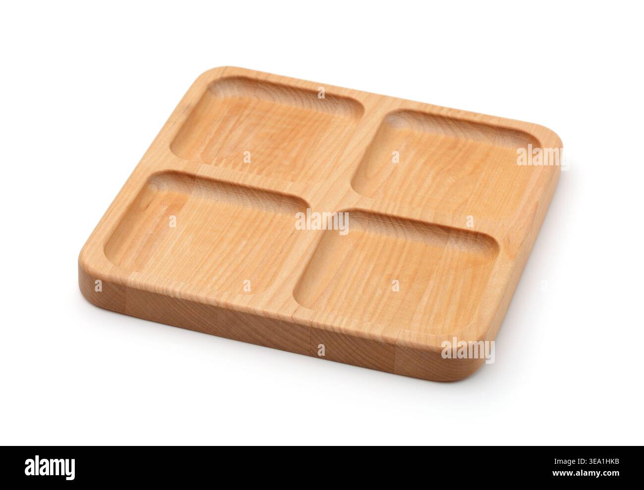 Empty wooden square 4 compartments serving dish isolated on white Stock Photo