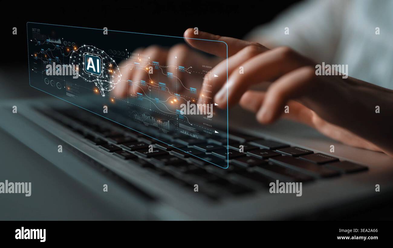 AI neural network and data processing system visualizing artificial intelligence with brain structure, chip, and connected data blocks for computation Stock Photo