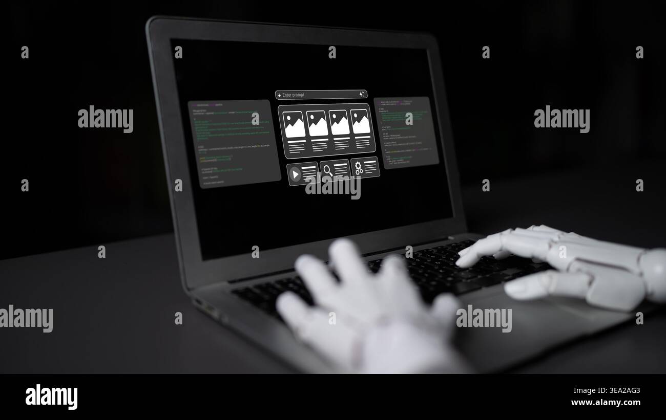 A robotic hand interacts with a laptop displaying various digital content and coding elements in a dark setting, highlighting the intersection of Stock Photo