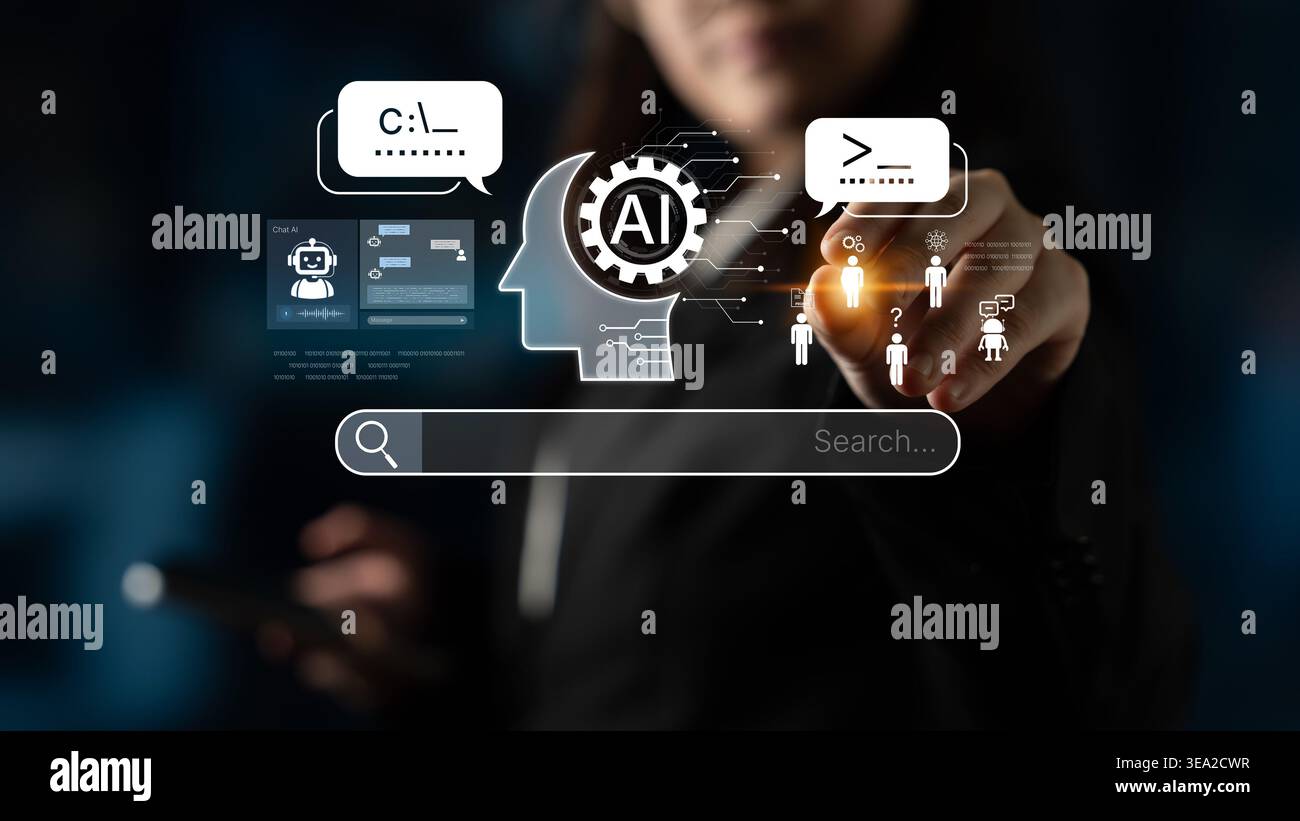 AI assistant prompt input system processes tasks with logic, data, automation, support tools and intelligent engine platform. AI search engine with Stock Photo