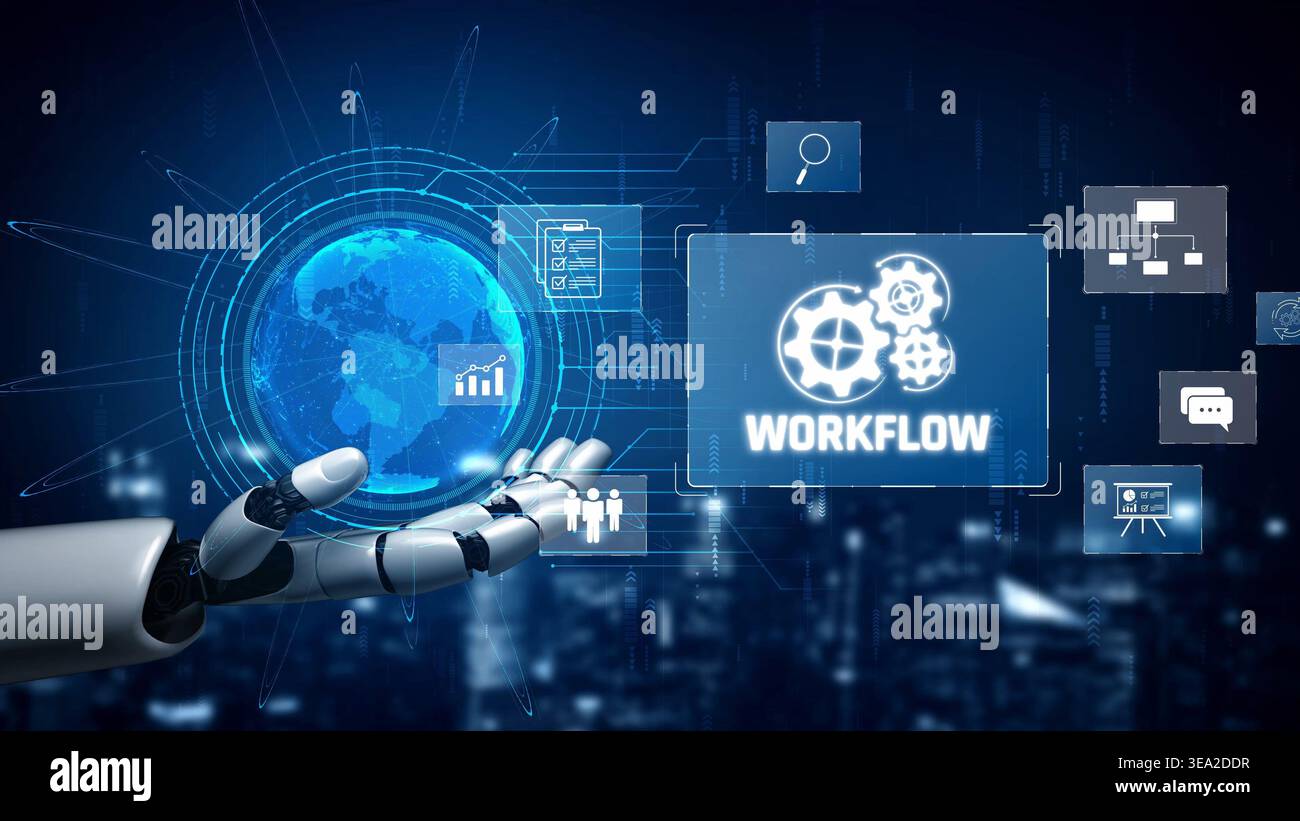 AI streamlines business workflows by automating repetitive tasks, enhancing team coordination, and optimizing structured processes for greater Stock Photo