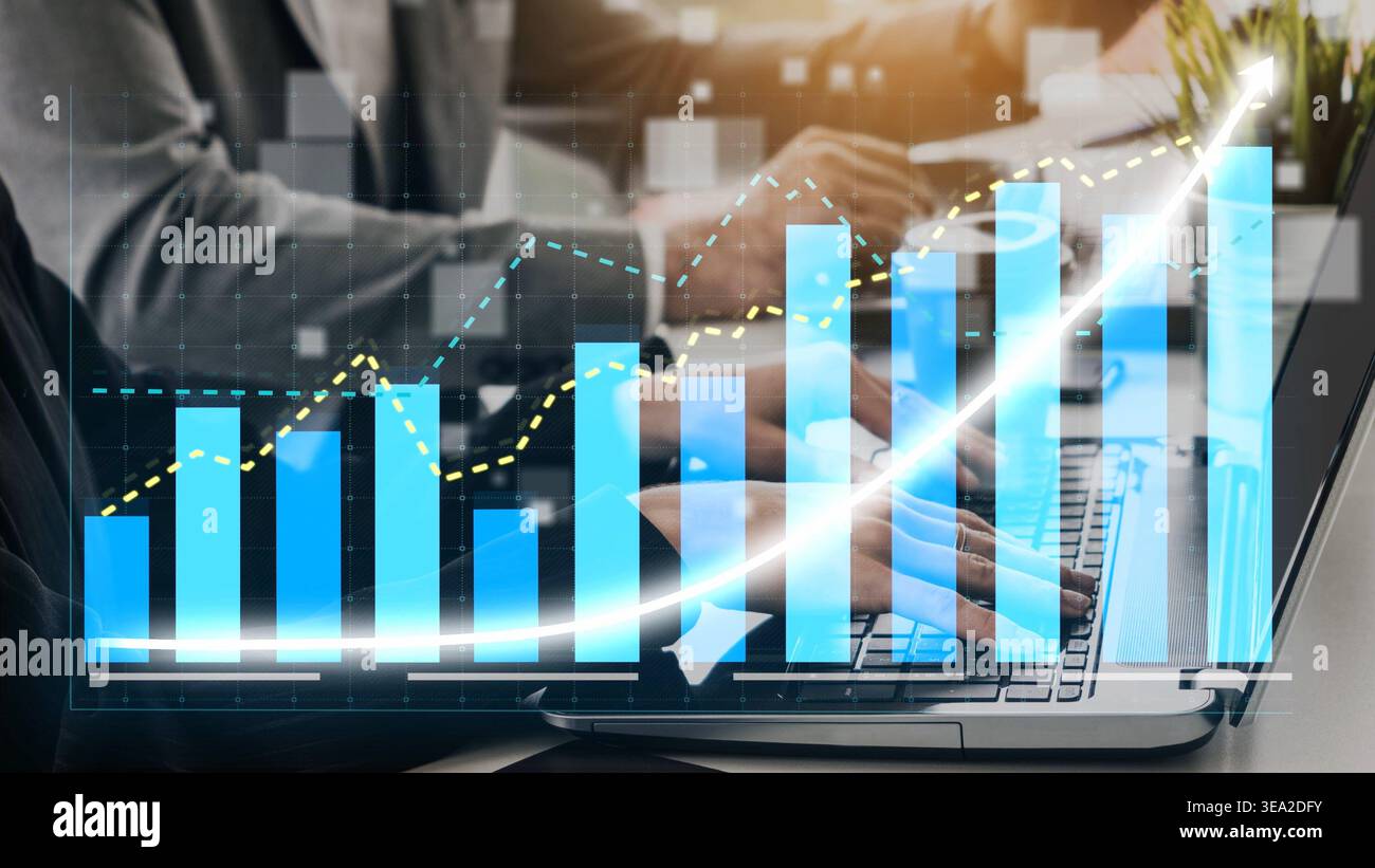 Dynamic business analytics image showcasing data visualization with rising graphs and digital charts, representing team collaboration in a modern Stock Photo