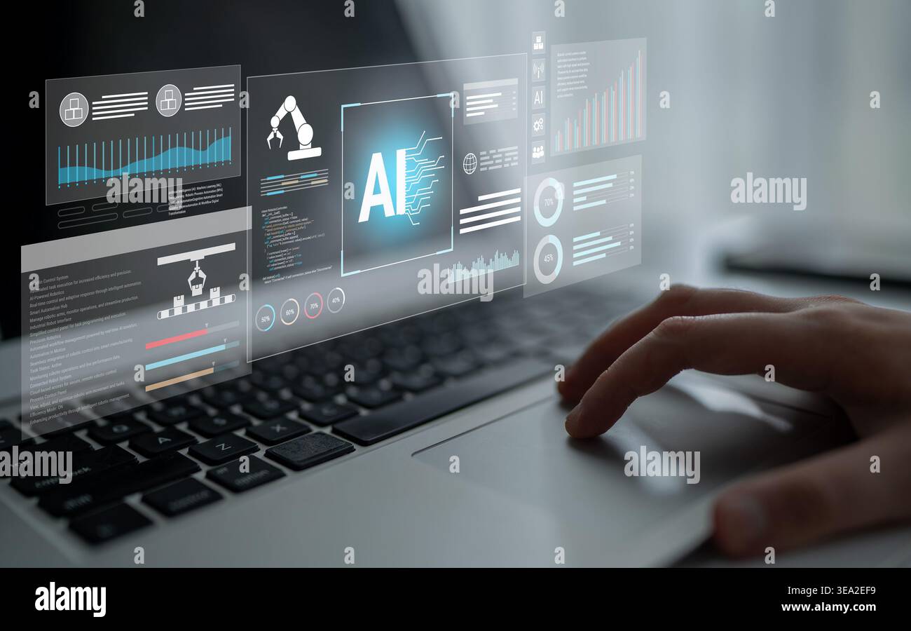 Artificial intelligence improves industrial automation, optimizing data analytics, precision robotics, and smart factory operations to enhance Stock Photo