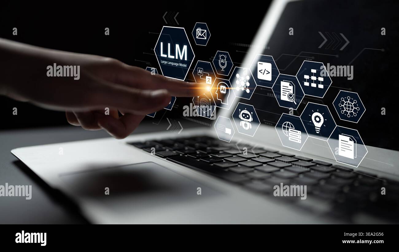 Large Language Model LLM processing data. Represents deep text learning, natural language processing NLP AI tech, transformer architecture, and Stock Photo