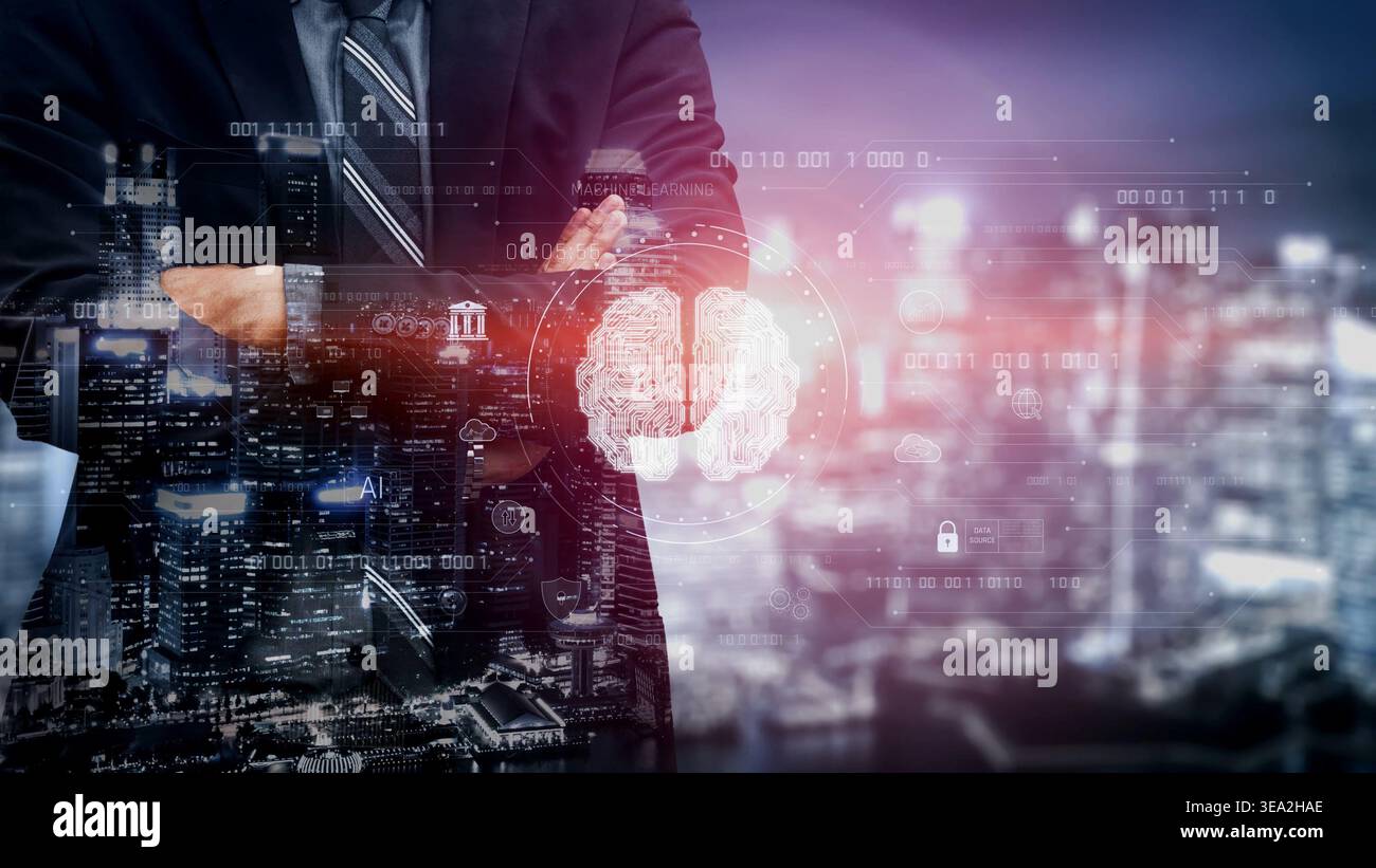 AI brain network powered by machine learning processes vast data through intelligent connections, enabling smart decisions, analysis, and autonomous Stock Photo