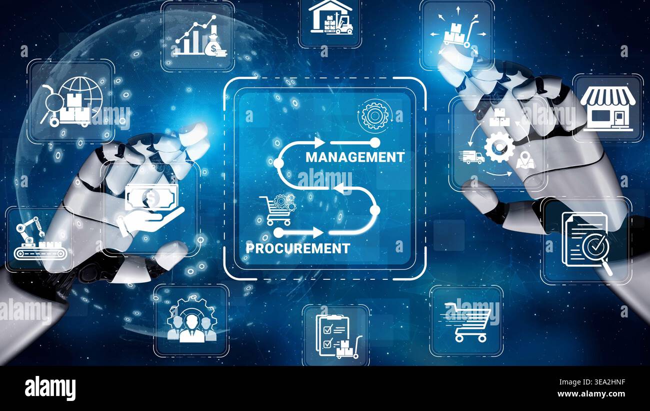 Futuristic Digital Management and Procurement Concept with Robotic Hands Interacting with Software Icons and Data Visualizations in a Technological Stock Photo