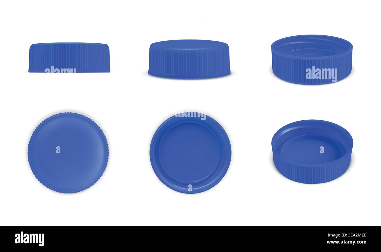 3D Plastic water bottle cap. Realistic polyethylene blue plastic caps multiple angles. Vector isolated set. Stock Vector